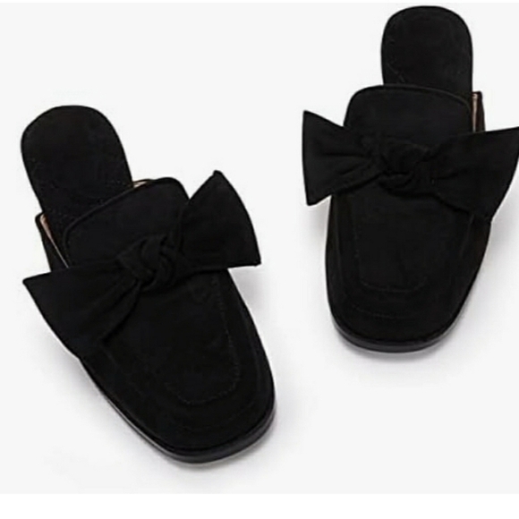 Coutgo Black Bow Knot Square Closed Toe Quilted Faux Suede Flat Mules Size 5.5 - Picture 1 of 9